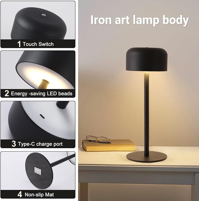 2 Pack Rechargeable Cordless Table Lamp, Portable 6000mAh Battery Table Light, 3 Color Stepless Dimming LED Table Lights with Memory Function, for Outdoor/Restaurant/Bedside/Patio(Black)