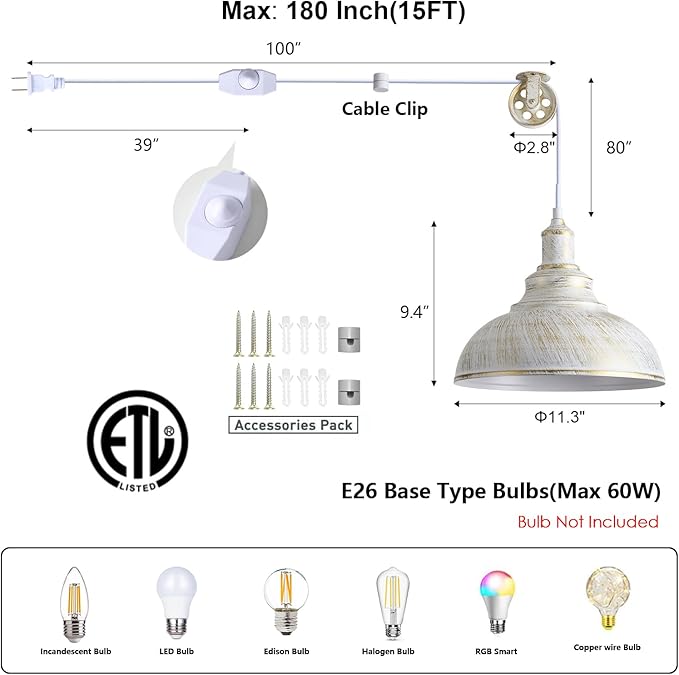 White Plug in Pendant Light Hanging Lamps for Living Room 15FT Dimmable Switch Adjustable Pulley Hanging Lights with Plug in Cord for Kitchen Bedroom 2 Pack