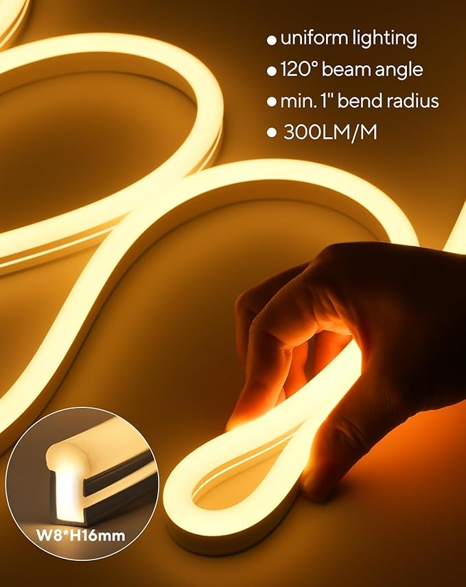 Shine Decor Outdoor LED Neon Rope Light, IP67 Waterproof Solid Silicone Enclosed Lighting Strip, ETL Listed Durable for -40F Extreme Cold Weatherproof, 120V No Driver Plug&Play 49ft 2800K Warm White