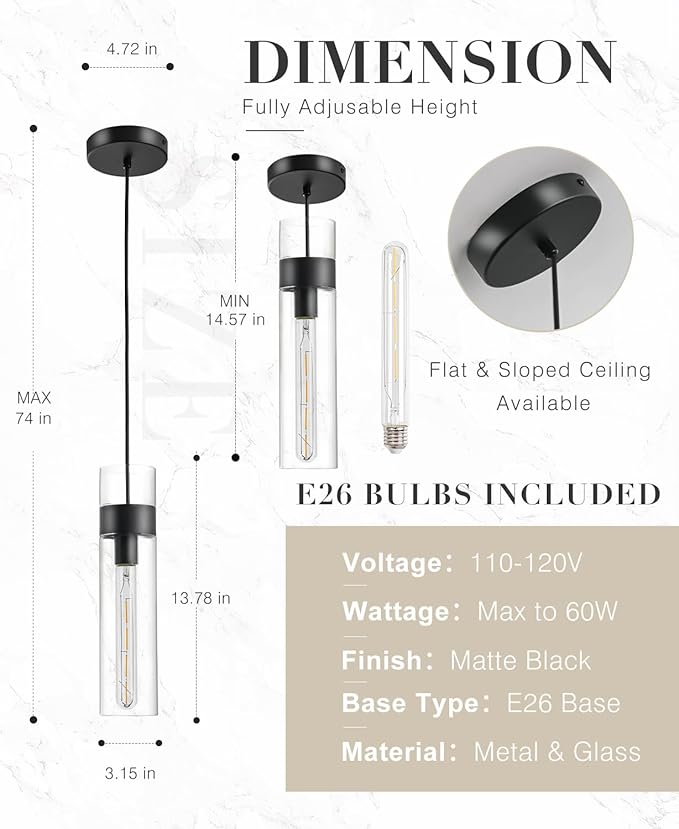 3 Pack Black Pendant Lights Kitchen Island (Bulbs Included), Adjustable Modern Glass Pendant Light Over Island, Industrial Pendant Light Fixtures for Dining Room Hallway Bedroom Living Room