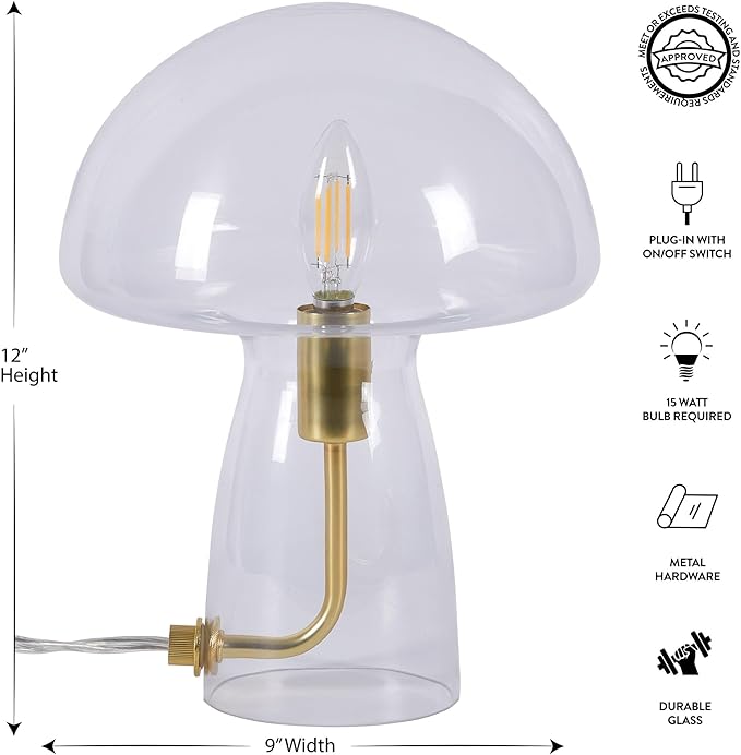 Urban Lifestyle Clear Mushroom Lamp,12" Glass Novelty Table Light, Plug-in Retro Decor for Bedroom, Living Room, Dorm