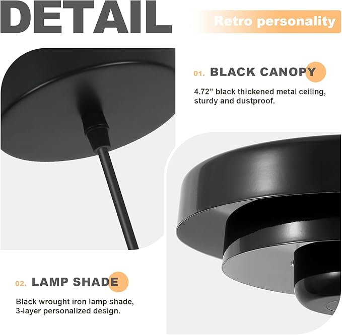 Black Dome Pendant Light, 17.7" Adjustable Nordic Flush Mount Chandelier for Kitchen Island Over Sink, Contemporary Farmhouse Dining Room, Bedroom Lighting