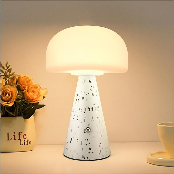 Levigo Cute Mushroom Table Lamp with Touch Switch, Natural Style Portable Cordless LED Dimmable Soft Light Lamp (Black)