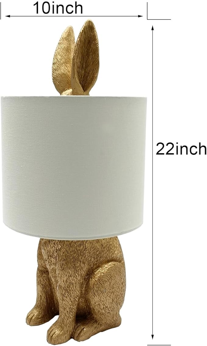 Bunny Table Lamp Golden Resin Rabbit Nightstand Light with Fabric Shade Bedside Table Light Living Room Decoration