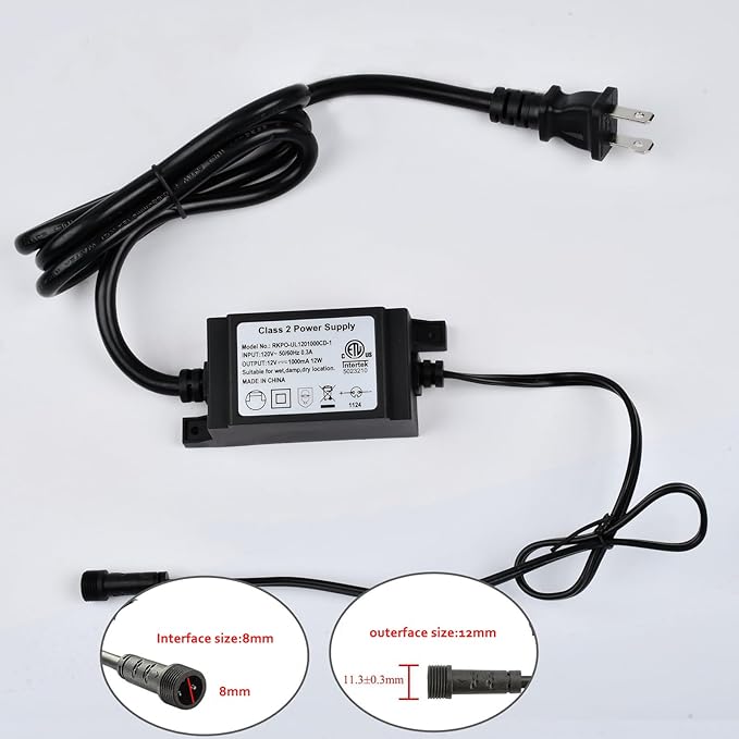 Sumaote Power Adapter Waterproof, Transformer ETL Listed 12W US Plug AC 120V to DC 12V Power Supply for Low Voltage LED Deck Lights, 2 Pin Connection