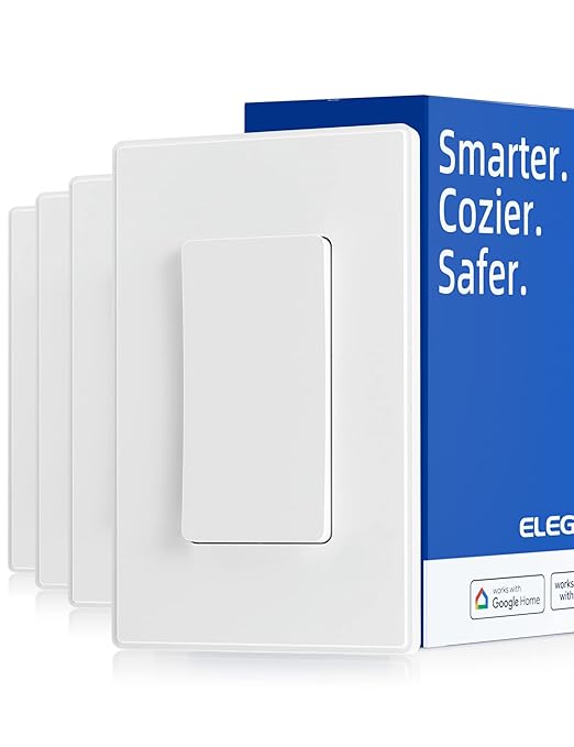 ELEGRP Smart Light Switch, 2.4GHz Wi-Fi Light Switch Compatible with Alexa & Google Assistant, Neutral Wire Required, APP Control and Timer Schedule, UL Certified,Single Pole, White, 4 Pack