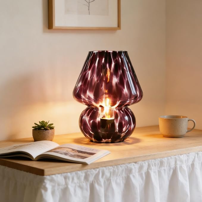Glass Mushroom Lamp, Mushroom Desk Lamp with LED Bulb, Small Purple Battery Operated Cordless Lamps for Kitchen Counter, Bedroom Nightstand, Living Room, Gift for Mom