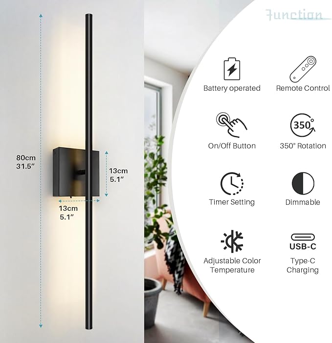 Removable 10000mAh Battery Operated 2 Pack Wall Sconces Lamps Remote Control & 4 Pack Batteries 31.5’‘ Rechargeable Dimmable Black LED Wireless 13.6W Wall Lights for Living Room Bedroom Picture Foyer