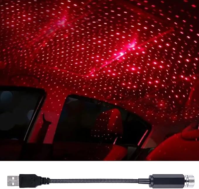 Car Roof Star Night Light, Portable Adjustable USB Flexible Interior LED Romantic Atmosphere Star Night Projector, Inside Car Lighting for Cars Bedrooms Parties Decoration(Red)
