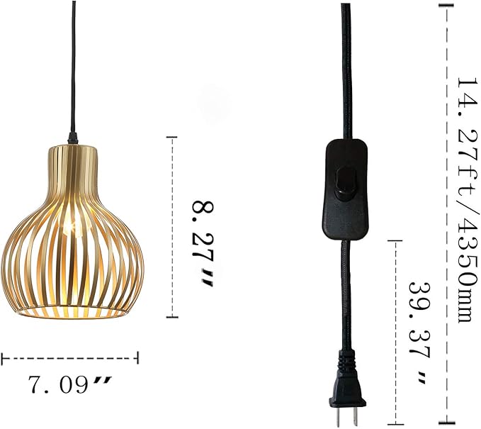 Industrial Wire Cage Plug in Pendant Lighting Metal Hanging Light Fixture with 14.27 Ft Hanging Cord and On/Off Switch (Gold)