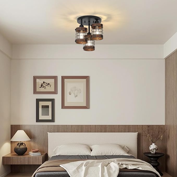 Semi Flush Mount Ceiling Light,3-Light Farmhouse Chandelier Light Fixtures Ceiling Mount, Black Hallway Light Fixtures with Wooden Cage Shade,Rustic Kitchen Light Fixture for Entryway Bedroom
