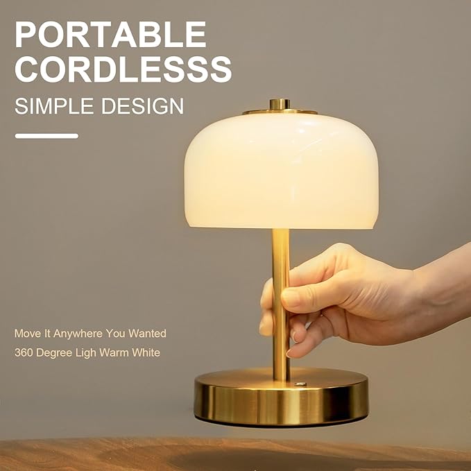 Oneach 9" Cordless Table Lamps Set of 2, Gold Rechargeable Battery Operated Lamp, 3-Way Stepless Dimming Touch Mushroom Lamps, Small Glass Nightlight for Bedroom Dining Table Living Room Shelf Decor