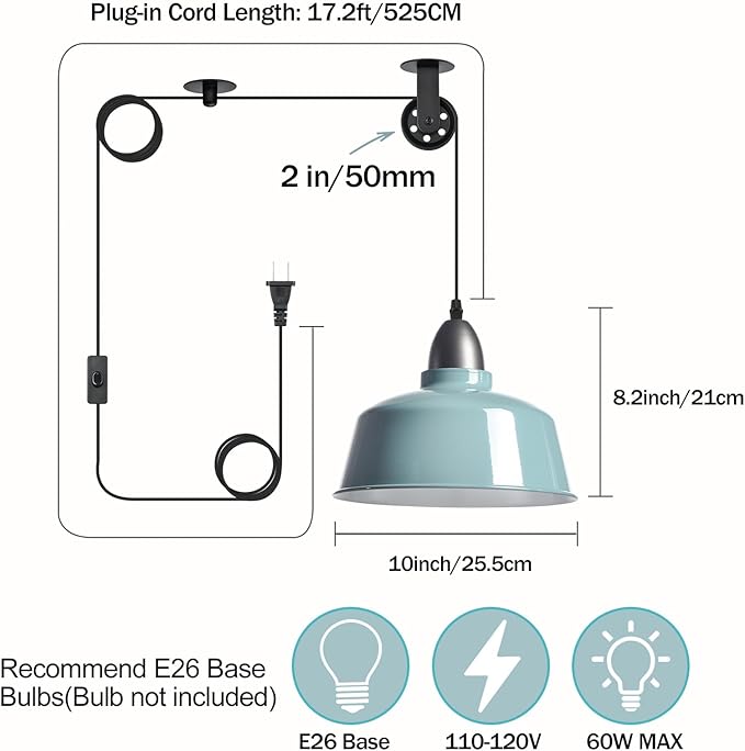 Plug in Pendant Light, Blue Farmhouse Hanging Lights with Plug in Cord, Pulley Hanging Lamp, Industrial Pendant Lights Fixture for Kitchen Island, Bedroom, Dining Room, Living Room, Office