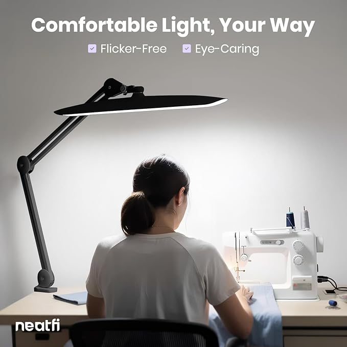Neatfi XL LED Desk Lamp with Clamp, 2200 Lumens, 20W, 20-Inch Wide Head, Dimmable 4 Brightness Levels, 3 Color Modes 3000K–6000K, Task Light for Home Office, Crafts, Workbench (CCT, Black)