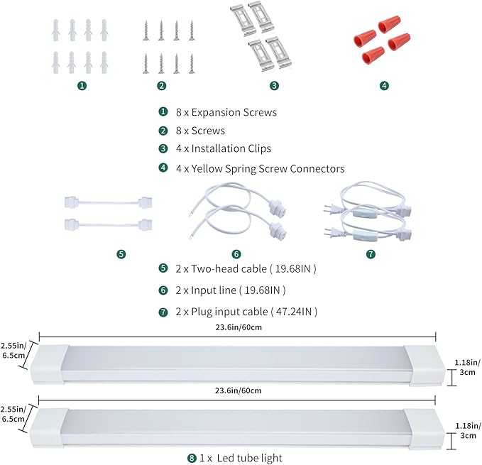 KUKUMAO 5000K LED Ceiling Light Fixture, 2FT with Plug Linkable, 2PCS Waterproof LED Tube Light Under Cabinet Lighting,Closet Light 18W for Garage Kitchen Bathroom Workbench and Office