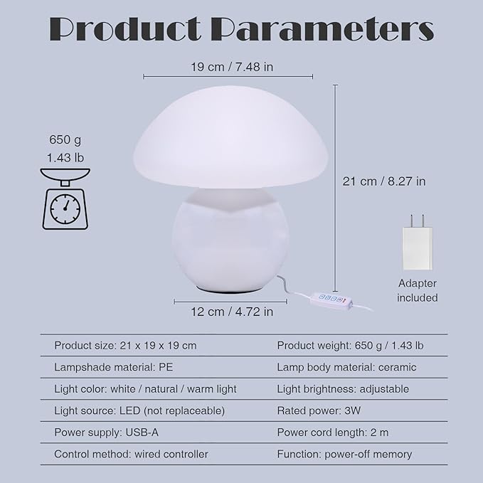 Cute Small Mushroom Lamp, PE Lampshade, Ceramic Base, Adjustable Light Color and Brightness with Power-Off Memory, Safe USB Powered, LED Mushroom Light for Bedroom Living Room (White)