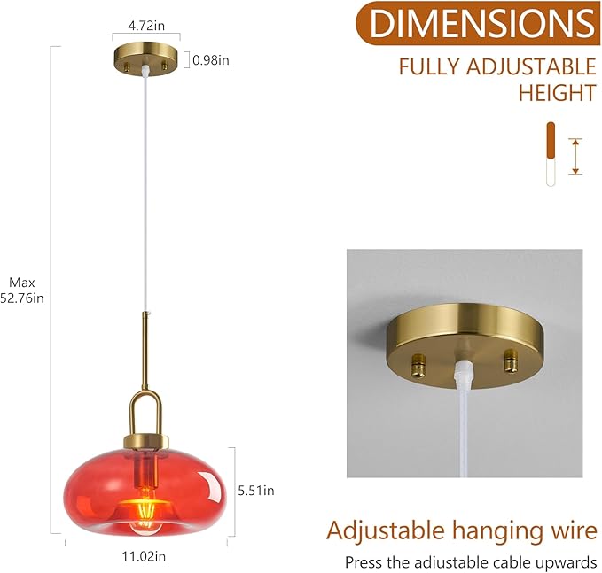 Red Glass Pendant Lights Kitchen Island Gold Pendant Light Fixtures Adjustable Height Modern Pendant Lighting for Bedroom Dining Room (1-Pack)
