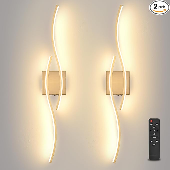Battery Powered Wall Sconces Set of 2, Gold 31.4" LED Dimmable Wall Sconce with Remote Control/Timer/Memory, USB Rechargeable Wall Lights for Living Room, Bedroom, Hallway Wireless scones Lighting