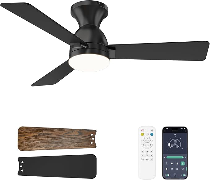 Ceiling Fans with Lights and Remote, 42 Inch Ceiling Fan with Light, Low Profile, Reversible, Dimmable LED, Flush Mount, Quiet, DC Motor, Black Ceiling Fan for Bedroom, Kitchen, Dining Room