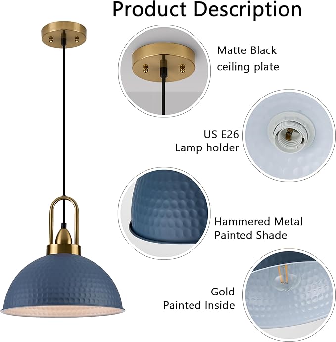 Blue Pendant Lights Kitchen Island Industrial Adjustable Height Vintage Dome Hanging Light Fixtures for Barn, Dining Room 3 Packs