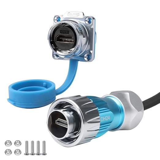 CNLINKO DH-24 HDMI Connectors, Metal Aviation Plug with 40 Inches 4K HD Cables, Panel Mount Socket, Mated Connectors for Video Equipment, IP68 Waterproof Connector, M24 Signal Connectors (HDMI Set)