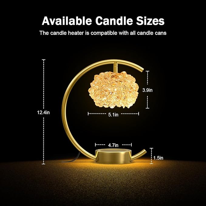 Bronze Candle Warmer Lamp for Jar Candles with Adjustable Brightness＆Timer，Handcrafted Crystal＆Wooden Base,Candle Lamp Luxurious Design+2Bulbs,Home Decoration Electric Candle lamp(C-Shaped)