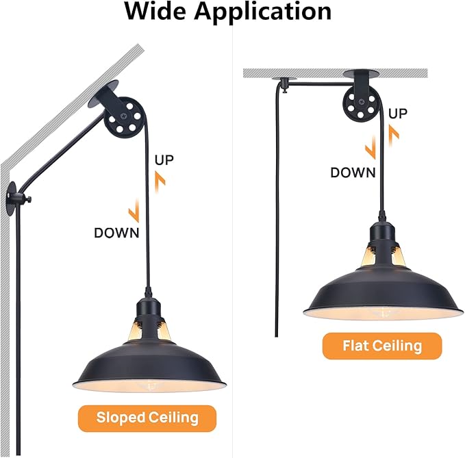 Plug in Pendant Light, Hanging Lamp with Black Barn Pendant Lighting with 14.76ft Cord On/Off Switch, Adjustable Pulley Hanging Pendant Lighting for Kitchen Bedroom Restaurant 2 Pack