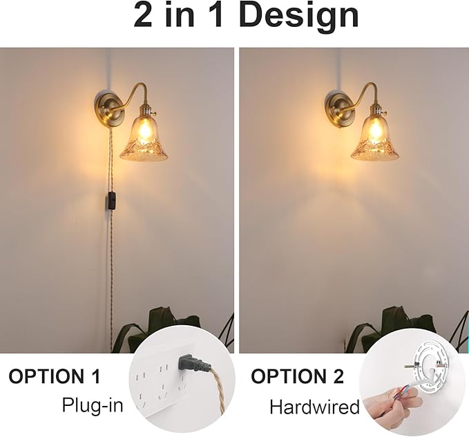 Plug in Wall Sconce Set of 2, Gold Vintage Wall Decor Lights with Amber Morning Glory Glass Shade, Indoor Brass Corded Wall Lamp Fixture for Bedroom Living Room Bathroom Hallway