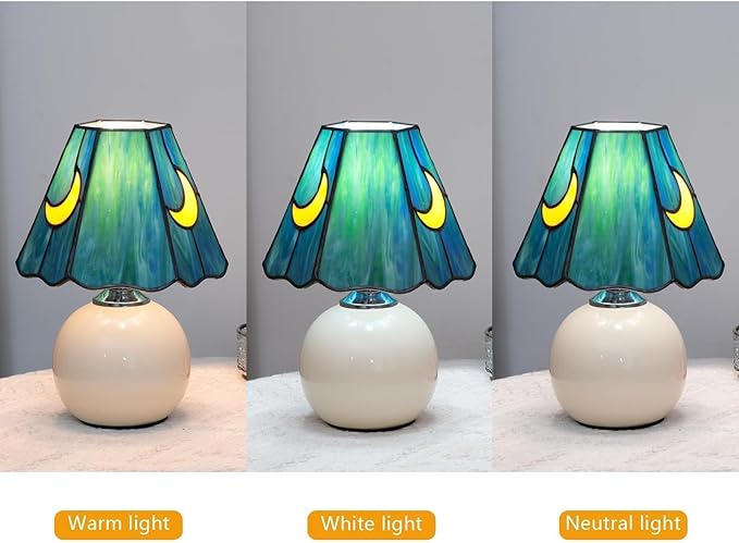 Mushroom Lamp Tiffany Lamp Stained Glass Table Lamp Moon Cute Small Bedside Lamps for Living Room Home Decor,Unique Aesthetic Home Living Room Decor Girls Women Birthday Day Gift,Sea Blue