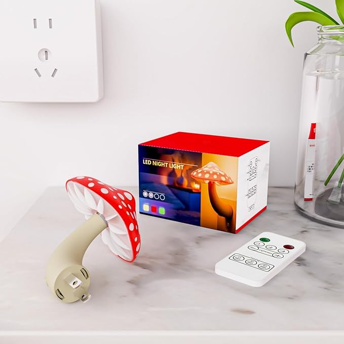 Colorful Life Remote Control Mushroom Night Light – Three‑Color Warm LED Bedside Lamp, Cute Mushroom Design with Dimmer & Timer (Warm Red/Green/Yellow)