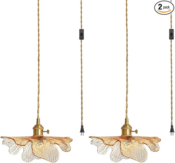 2 Pack Pendant Lights 15ft Hanging Light with Plug in Cord Mid Century Modern Pendant Light Fixtures Hand Blown Amber Glass Pendant Light Plug in Hanging lamp for Kitchen Living Dining Room
