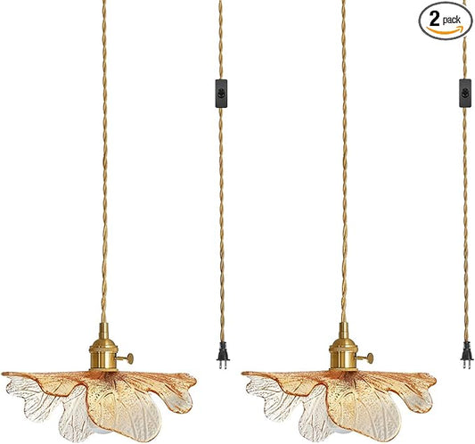 2 Pack Pendant Lights 15ft Hanging Light with Plug in Cord Mid Century Modern Pendant Light Fixtures Hand Blown Amber Glass Pendant Light Plug in Hanging lamp for Kitchen Living Dining Room
