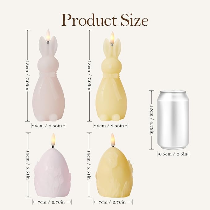 WDS WONDROUS Easter Flameless Candles Set of 4, LED Bunny & Egg Candles with Floral Embossed Design, Pink & Yellow Battery Operated Candle for Home Decor, Gift for Women, Mom, Easter Decor