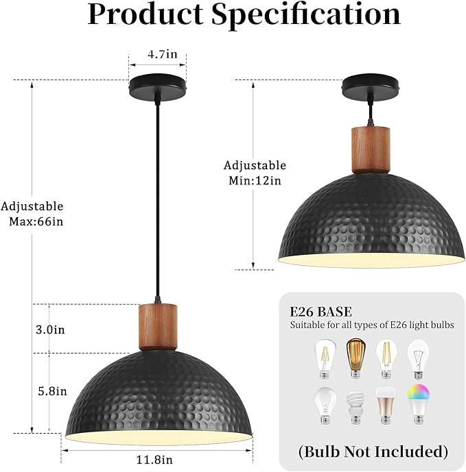 12" Hammered Metal Pendant Light,Black and Wood Pendant Lamp Fixture Ceiling Hanging Light,Modern Industrial Style Dome Hanging Lights for Kitchen Island,Restaurant,Farmhouse Dining Room,Sink,Hallway
