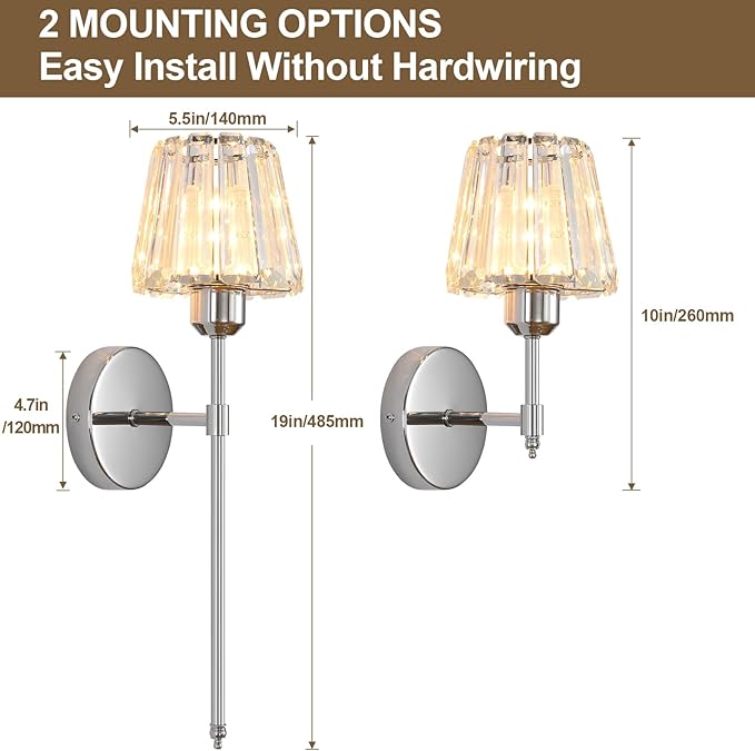 Battery Operated Crystal Wall Sconce Set of 2, Chrome Rechargeable Wireless Wall Sconces with Remote Dimmable 12 Colors Modes Led Wall Lights for Bedroom Living Room Hallway, 2 Bulbs Included