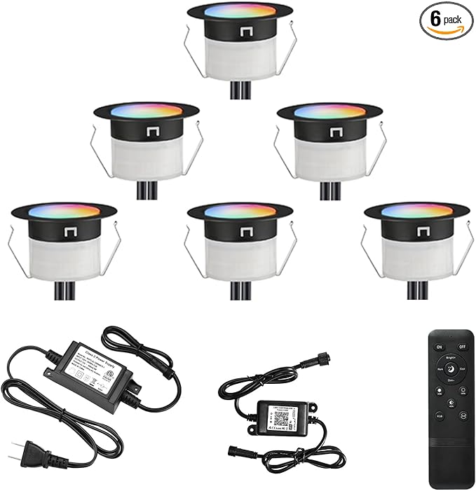 FVTLED LED Deck Lights Kit, 6pcs Φ1.22 WiFi Smart Phone Control Low Voltage Recessed RGBW Deck Lighting Waterproof Outdoor Yard Path Stair Decor, Black