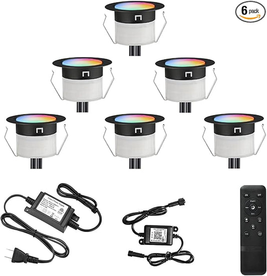 FVTLED LED Deck Lights Kit, 6pcs Φ1.22 WiFi Smart Phone Control Low Voltage Recessed RGBW Deck Lighting Waterproof Outdoor Yard Path Stair Decor, Black
