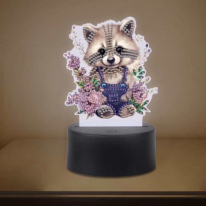 Raccoon Diamond Art Painting Night Light,Diamond Art Painting Kits Desktop Touch Lamp Ornaments for Tabletop Decor Diamond Art Accessories for Adult Beginner Bedrooms Living Room