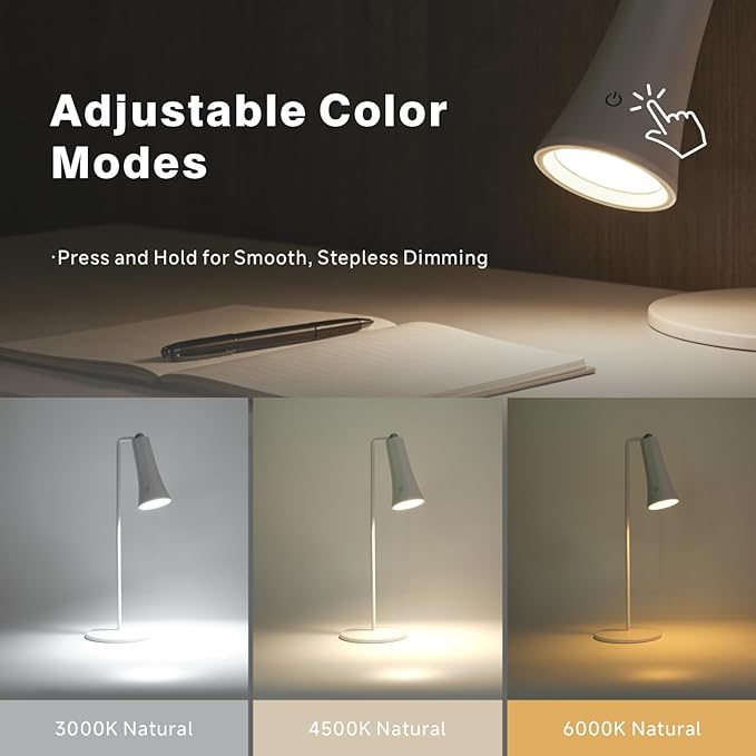Rechargeable LED Desk Lamp, 4-in-1 Cordless Table Lamp, Magnetic Wall Mount LED Light, with Stepless Brightness, 3 Color Dimmable, 360° Rotation, For Reading, Office, Bedroom,Working, Hallway (White)