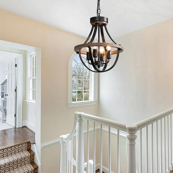 Farmhouse Chandelier, Modern Hanging Pendant Lighting, 4-Light Rustic Ceiling Light Fixture, Vintage Chandelier for Hallway Foyer Dining Room Entryway Kitchen Island Bedroom