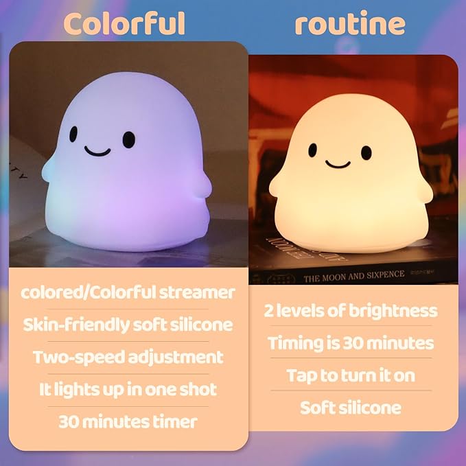 Halloween Ghost Night Light, 50-Hour Battery & Pat Control, Cute Squishy Lamp for Kids Room Decor, USB Rechargeable with Timer, Cute Home Decor
