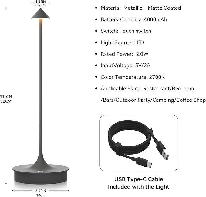 Set of 2 Small Cordless Table Lamp Rechargeable, Battery Operated Desk Lamp, 4000mAh LED Touch Lamp, Dimmable Portable Outdoor Waterproof Wireless Table Light for Restaurants/Bars/Outdoor(Gray)