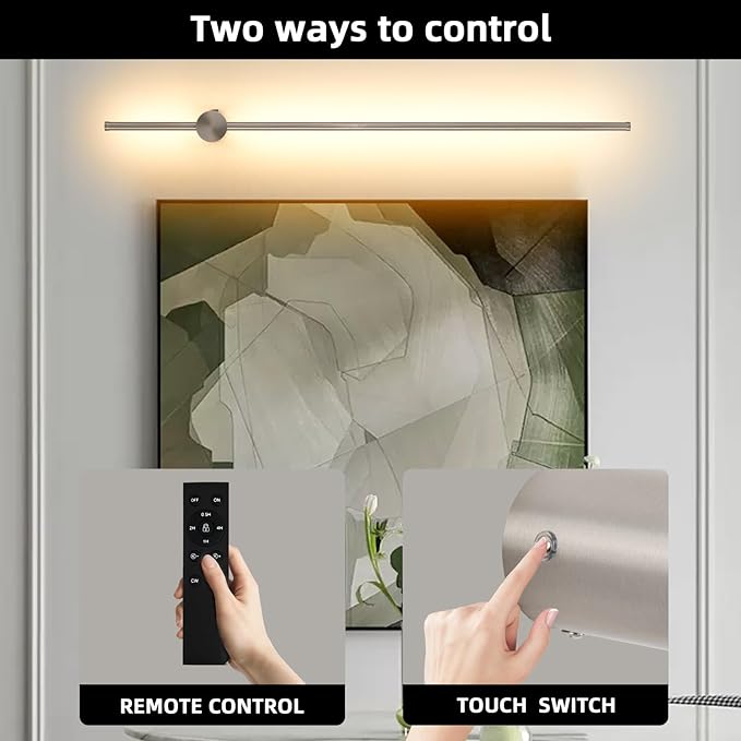 Battery Operated Wall Sconces with Remote, Dimmable 3000K-6000K/Timer/Memory LED Wall Lamp, 350°Rotate, USB Rechargeable Wireless wall lights for Living Room, Bedroom Brushed Nickel 39.3" (2 Pack)