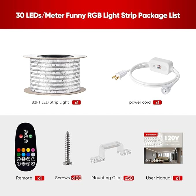 Shine Decor 120V RGB LED Strip Light Remote Control, Cold Resistant IP65 Waterproof Outdoor Strip Lighting Color Changing, Connectable Lite Multicolor Lighting Strip 7x13mm,82 FT 750 LEDs ETL Listed