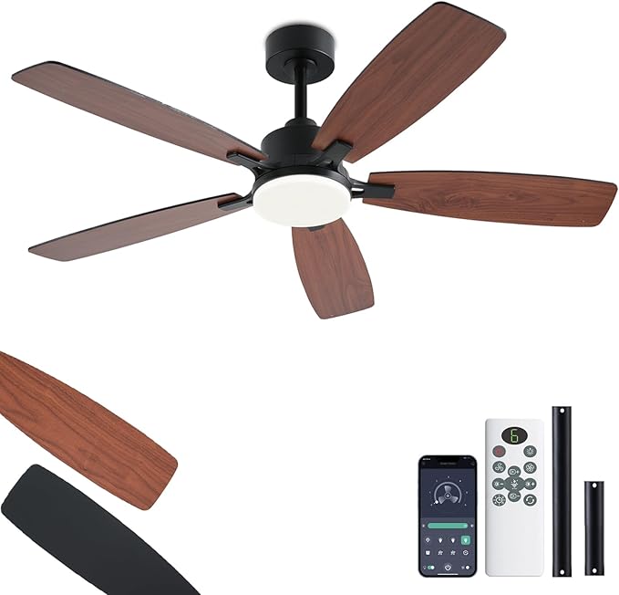 52inch Ceiling Fans with Lights, Low Profile Ceiling Fan with Light and Remote/App Control, 2 Downrods, DC Reversible Motor, Noiseless, Dimmable Brown Ceiling Fan for Bedroom Livingroom
