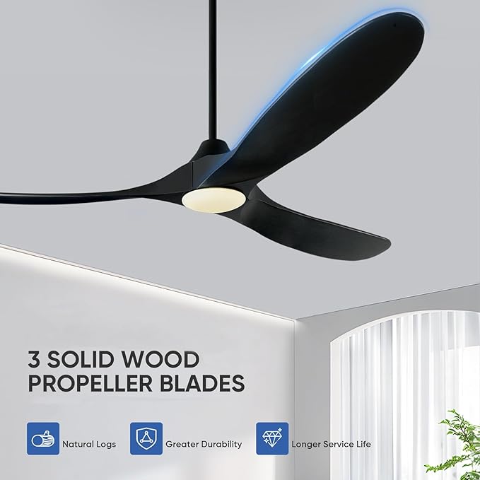 60 Inch Black Outdoor Ceiling Fans for Patios with Light, 3 Blade Modern Wood Ceiling Fans with Remote Quiet DC Motor, Large Airflow Indoor Outside Ceiling Fan for Bedroom Office Gazebo Garage Porch
