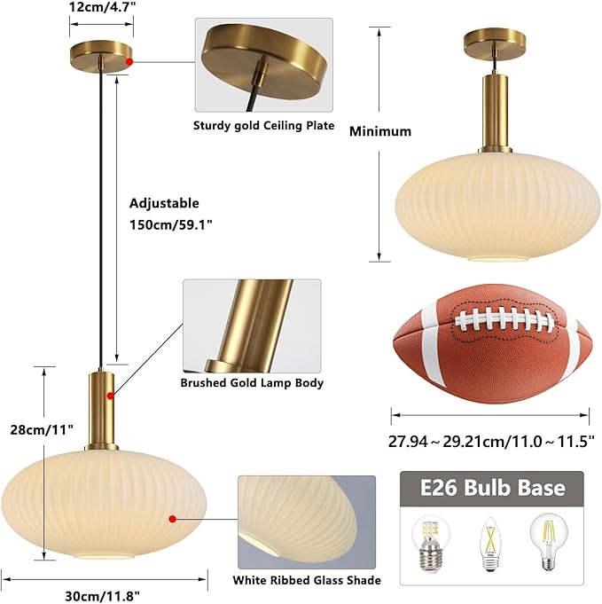 KCO Lighting Large Milk Glass Pendant Lighting Kitchen Island Brushed Brass Globe Pendant Light Mid Century Modern Hanging Light Fixture Gold White Pendant Light