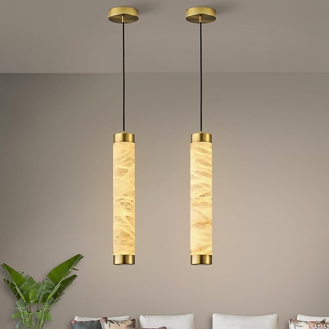 20" Alabaster Pendant Lights, 2PCS Natural Marble Cylinder Brass Pendant Light, Adjustable Modern Ceiling Light Fixtures for Kitchen Island, Dining Room, Bedroom, Living Room, Bathroom