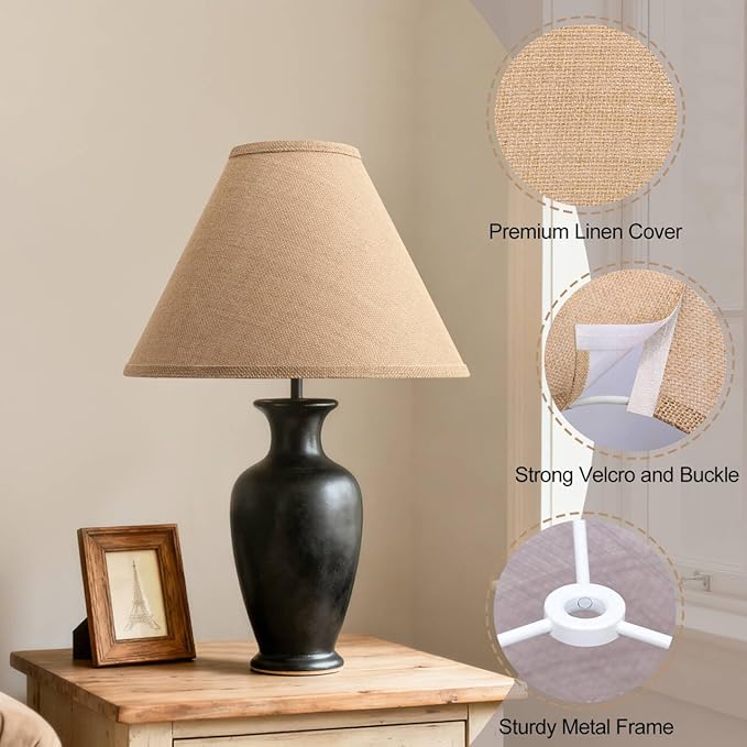 Burlap Empire Lamp Shades Set of 2, 6" Top x 16" Bottom x 10.8" High, Brown Lamp Shades for Table Lamps Floor Lamps, Natural Linen Lampshades Replacement, Spider, Harp Holders Included, Easy Assembly
