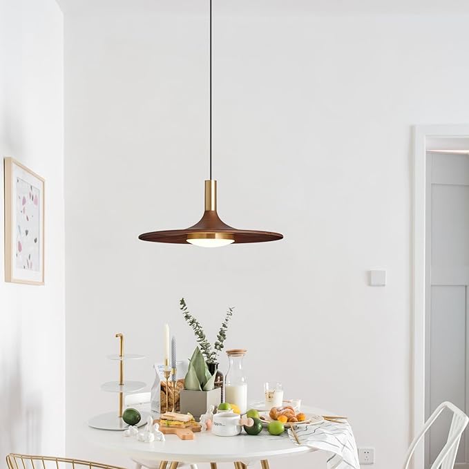 Dimmable Pendant Light, Wood Grain Finish LED Pendant Light Fixture, Modern Metal Dining Pendant Lights for Hotel Bar Kitchen Island Entryway